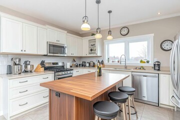A luxury kitchen in white with a wooden island and wooden floor.
