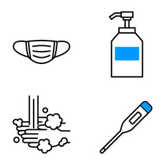 4つの感染予防対策（マスク・消毒液・手洗い・検温）のアイコン