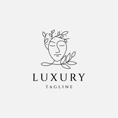 female beauty logo with natural leaf plant elements in linear design style