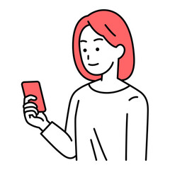 右手に持ったスマートフォンを見ているカジュアルな女性