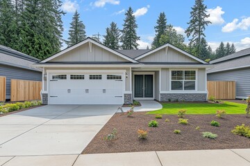 The entrance portico of a new single family home in Maryland has vinyl horizontal lap siding, a roof structure over a walkway, and white rectangular columns.