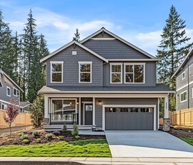 Naklejka premium Sunny suburban home exterior with large yard and covered porch on a bright day