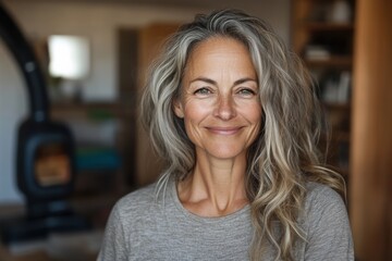 Fototapeta premium A relaxed, smiling woman with flowing gray hair in a modern home setting, wearing a simple gray top that complements the cozy, inviting atmosphere.