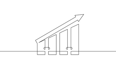 Continuous line drawing of increasing arrow up. Business growth sign symbol. Single line art of bar chart icon. Object one line of graph. Vector illustration