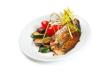 Spicy grilled mackerel fillet with lemon and fresh vegetable salad