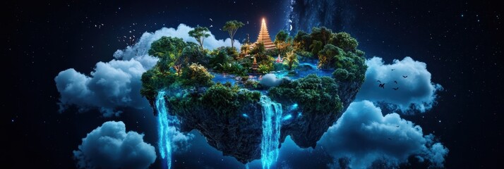 Floating Jungle Island with Waterfalls Cascading into the Clouds, Glowing Wildlife Roaming Freely, and a Distant Glowing Temple on the Horizon. Fantasy Scenery