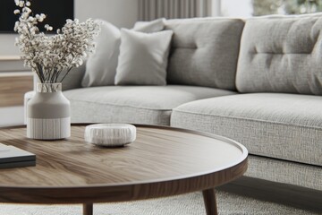 Designing a Scandinavian living room in modern home decor with a stylish grey sofa, coffee table, spring flowers, decorations, pillows, plaid, tray, and elegant personal accessories.