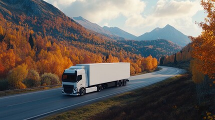 Obraz premium Truck Driving Through Autumnal Mountains