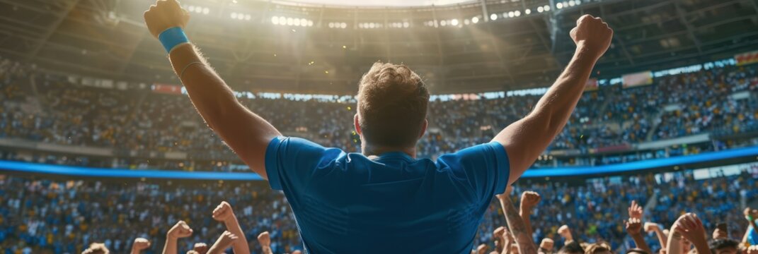 Vibrant soccer match scene triumphant player in blue jersey raising arms to celebrate victory amidst excited fans in green stadium. Action-packed moment set against backdrop of natural surroundings,