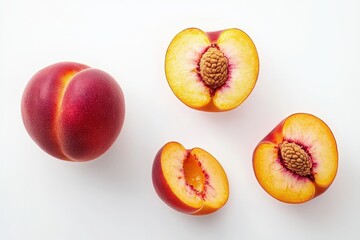 A whole peach and halved peaches with visible seeds, isolated on a white background, minimalistic food photography.