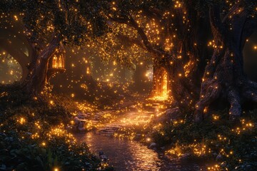 Naklejka premium Glittering Fantasy Forest Filled with Ancient Trees Covered in Glowing Moss, a Sparkling Stream Winding Through the Forest Floor, and Distant Elven Ruins Bathed in Moonlight. Fantasy Scenery
