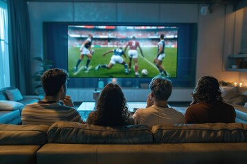 Cozy living room scene features four friends gathered around large flat screen TV, engrossed in dynamic, vibrant colors of rugby championship. Soft blankets, pillows, natural from window create warm,