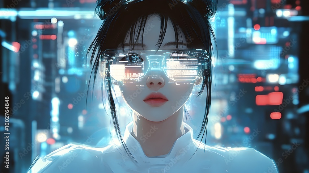 Poster futuristic cyber woman with augmented reality display and digital data interface