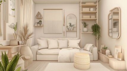 Cozy minimalist living room featuring neutral tones and greenery, perfect for relaxation and decoration inspiration