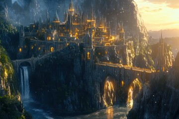 Fototapeta premium Grand Elven Citadel Built into a Shimmering Cliffside, with Glowing Bridges Connecting Towers, Sparkling Rivers Flowing Below, and a Golden Sunset Casting a Magical Glow Over the City. Fantasy Scenery