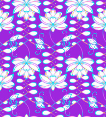 Naklejka premium Lotus and Sacred Geometry. Seamless pattern. Unamole symbols of wisdom and path to perfection. Tattoo, yoga logo, Buddhism design, print, poster, t-shirt, textile. repeating vector illustration.