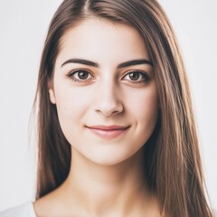 Obraz premium A studio headshot portrait of a young woman in her mid-twenties. Her expression should be warm yet neutral and professional, suitable for acting headshots and casting calls. 