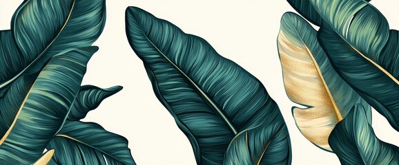 Background for prints, posters, covers, invitations, packaging design backgrounds, wall art, and home decor featuring green tropical leaves.