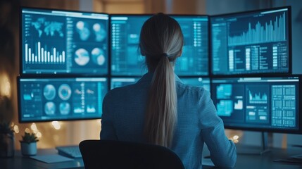 A woman analyzes data on multiple computer screens in a modern, tech-driven workspace, illuminated by blue light.