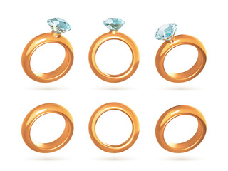 Wedding gold diamond rings. Realistic vector illustration