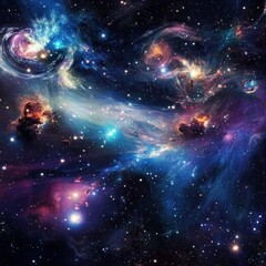 Abstract galaxy with star clusters and swirling gas clouds, deep space colors,