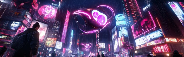 Rain-Drenched Cyberpunk City with Neon-Lit Streets, Towering Skyscrapers with Glowing Advertisements, and Robots Mingling with Humans in the Rain. Fantasy Scenery