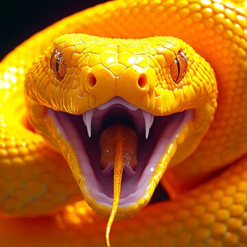A close up of a yellow snake with its mouth open showing its teeth