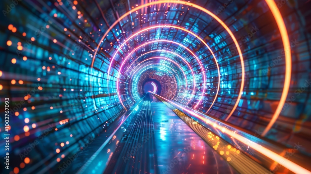 Poster glowing abstract technology tunnel with dynamic colors
