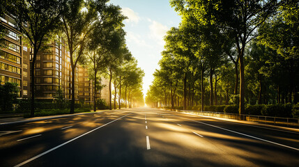 Green Urban Avenue with Skyscraper Backdrop