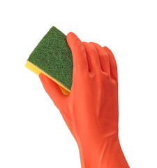 Cleaning glove holding cleaning sponge.