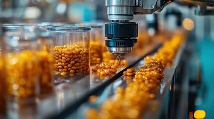 A close-up of a robotic device dispensing yellow beads onto a conveyor, surrounded by clear containers, showcasing automation in production.