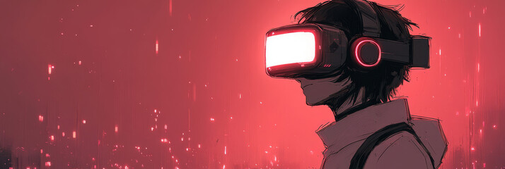 A person wearing a VR headset stands in front of a red background.