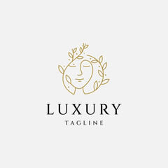 female beauty logo with natural leaf plant elements in luxury gold color linear design style