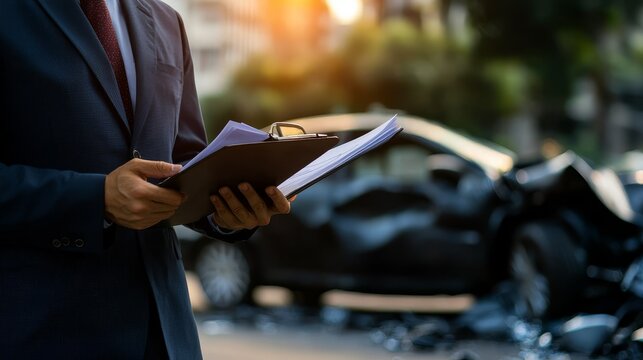 Businessman evaluating reports near a car accident scene during sunset.