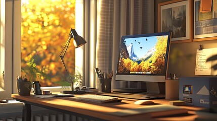 A cozy home office scene showcasing a modern desk with a computer and lamp, radiating warmth and comfort for an ideal work