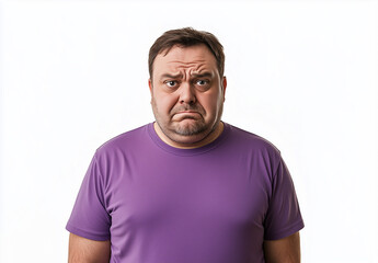 Obraz premium half-body photo of an overweight middle age man in a purple T-shirt, looking worried with grimacing expressions. Concept of unhealthy body and obesity. Men at risk for diabetes belly fat. 