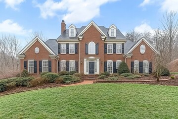 Fototapeta premium Landscape with a lawn surrounding a single family house in Leesburg, Maryland.