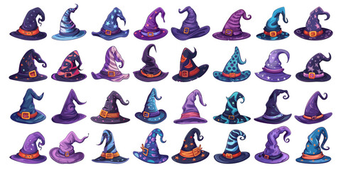 Naklejka premium Witches hats set. Magician hat halloween fantasy costume sorcerer cap holiday decoration buckle witch clothing element wizard masquerade magical accessory cartoon vector illustration