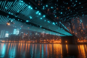 The smart city concept with abstract digital waves covering a river against the night skyline of the city is a conceptual representation of the internet of things and wireless connection