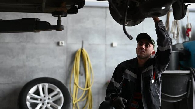 A car mechanic inspects the underside of a vehicle that has been raised on a hydraulic lift in a mechanic shop. He is wearing a black and grey work jacket and a green cap.