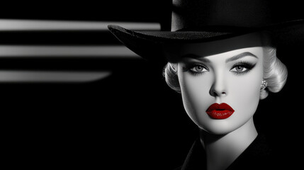 A striking black and white portrait of a glamorous woman wearing a bold hat and vibrant red lipstick, 1940s film noir style portrait, dramatic shadows, black and white