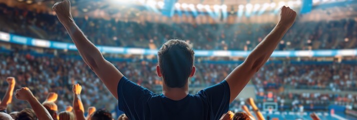 Excited crowd cheers on team in large stadium filled with spectators during sports event. Group of people gathered together, raising arms, showing enthusiasm for game. Atmosphere electric with