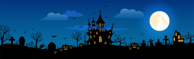 Happy Halloween. City panorama in halloween style. Scary halloween isolated background.Vector illustration.