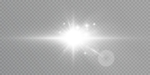 White glowing light explodes on a transparent background. Bright Star. Transparent shining sun, bright flash. Vector graphics.	
