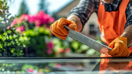 Gardener trimming a plant with gloves in a colorful garden setting.
