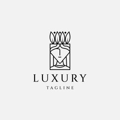 woman queen logo with leaf crown in square line art design style