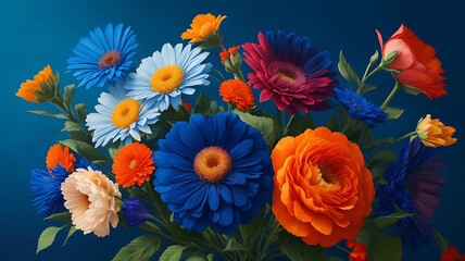 High quality a bouquet of multi colorful flowers on a blue illustration background design.