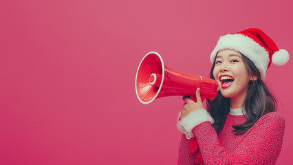 Asian women. A person shouting through a megaphone. Discounts, Promotions, Black Friday,...