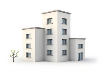 Office building with entrance and reflection on white background
