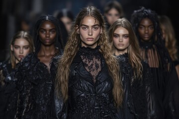Fototapeta premium A runway model presents an elegantly textured gothic ensemble, capturing attention with its uniquely mysterious aura during a high-end fashion event.